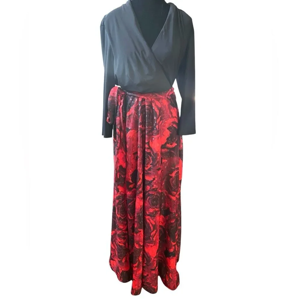 Leslie Fay Maxi Gown Dress Rose Floral Print Skirt Size 10 Vintage Elegant